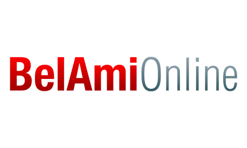 Rød "BelAmi" og grå "Online" tekst på hvid baggrund, ingen andre grafikker eller symboler synlige.