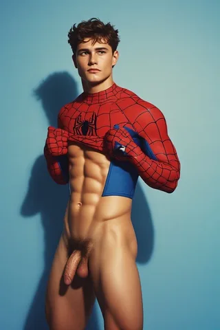 Homem-Aranha gerado por AI puxando seu terno aberto para revelar pau duro e abdominais cinzelados contra o cenário do estúdio azul