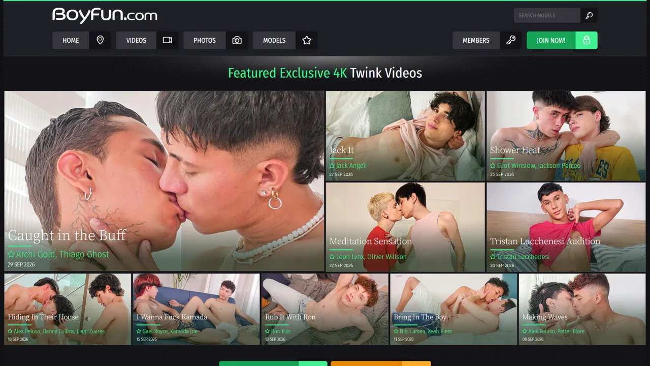 BoyFun.com hjemmeside viser thumbnails af mandlige par i intime stillinger, med titler, navne og datoer under hver. Navigationstabs og søgefelt synlige.