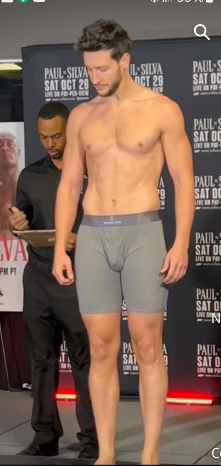Robert Irwin shirtless in grey boxer briefs at fight weigh-in