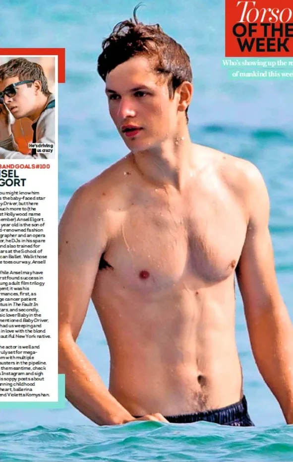 Ansel Elgort shirtless in ocean waves, wet skin glistening, muscular torso on display
