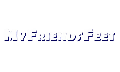 Blå stiliseret tekst der lyder "MY FRIENDS' FEET" på hvid baggrund, bogstaverne har ujævne, spidsede kanter.
