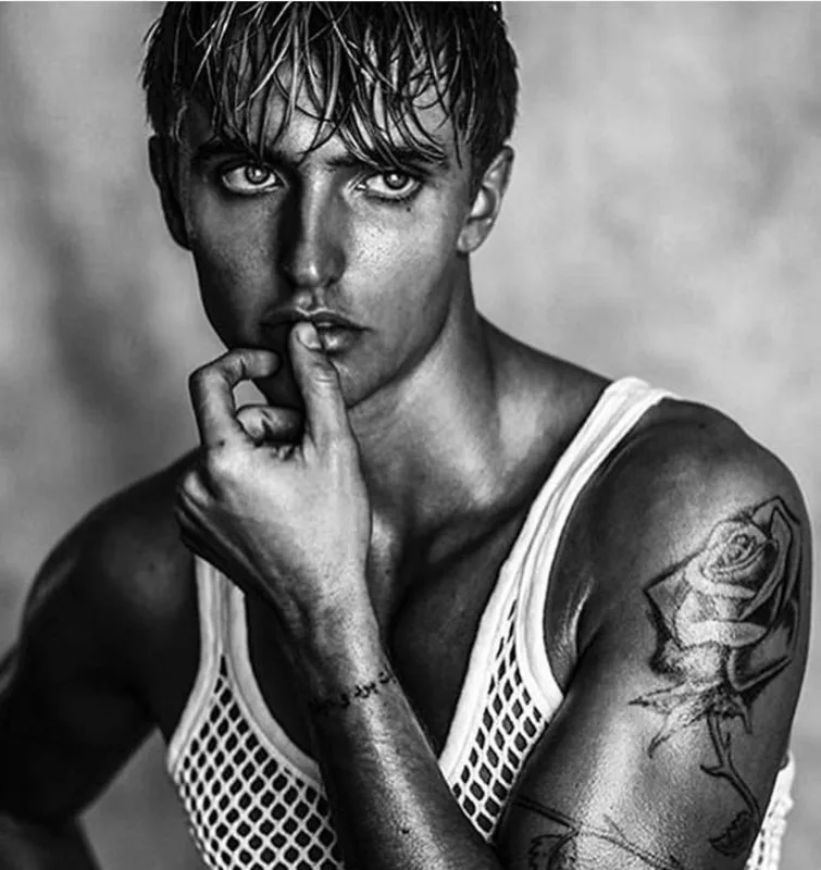 Hart Denton shirtless with bandana and smoky gaze in moody black and white - photo 4