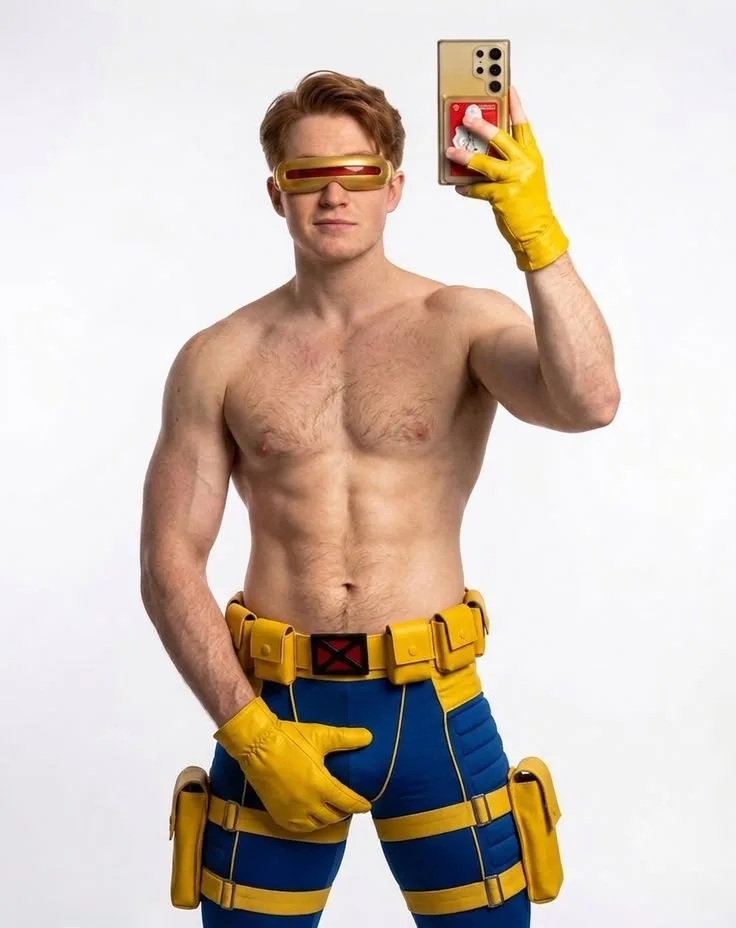 AI boyfriend flexing shirtless in blue shorts with yellow harness, taking mirror selfie in bathroom - photo 2