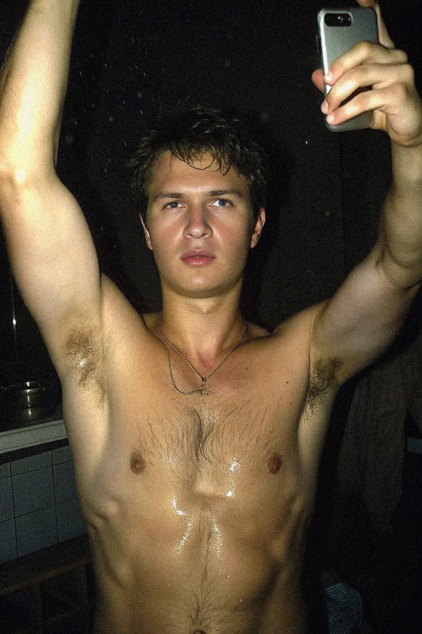Ansel Elgort shirtless selfie with wet skin, raised arms, and chest hair gleaming under dim light