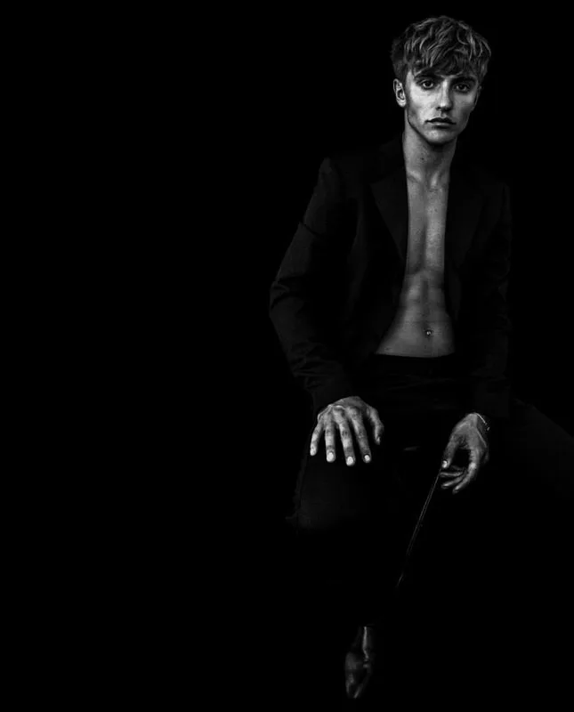 Hart Denton shirtless with bandana and smoky gaze in moody black and white - photo 5