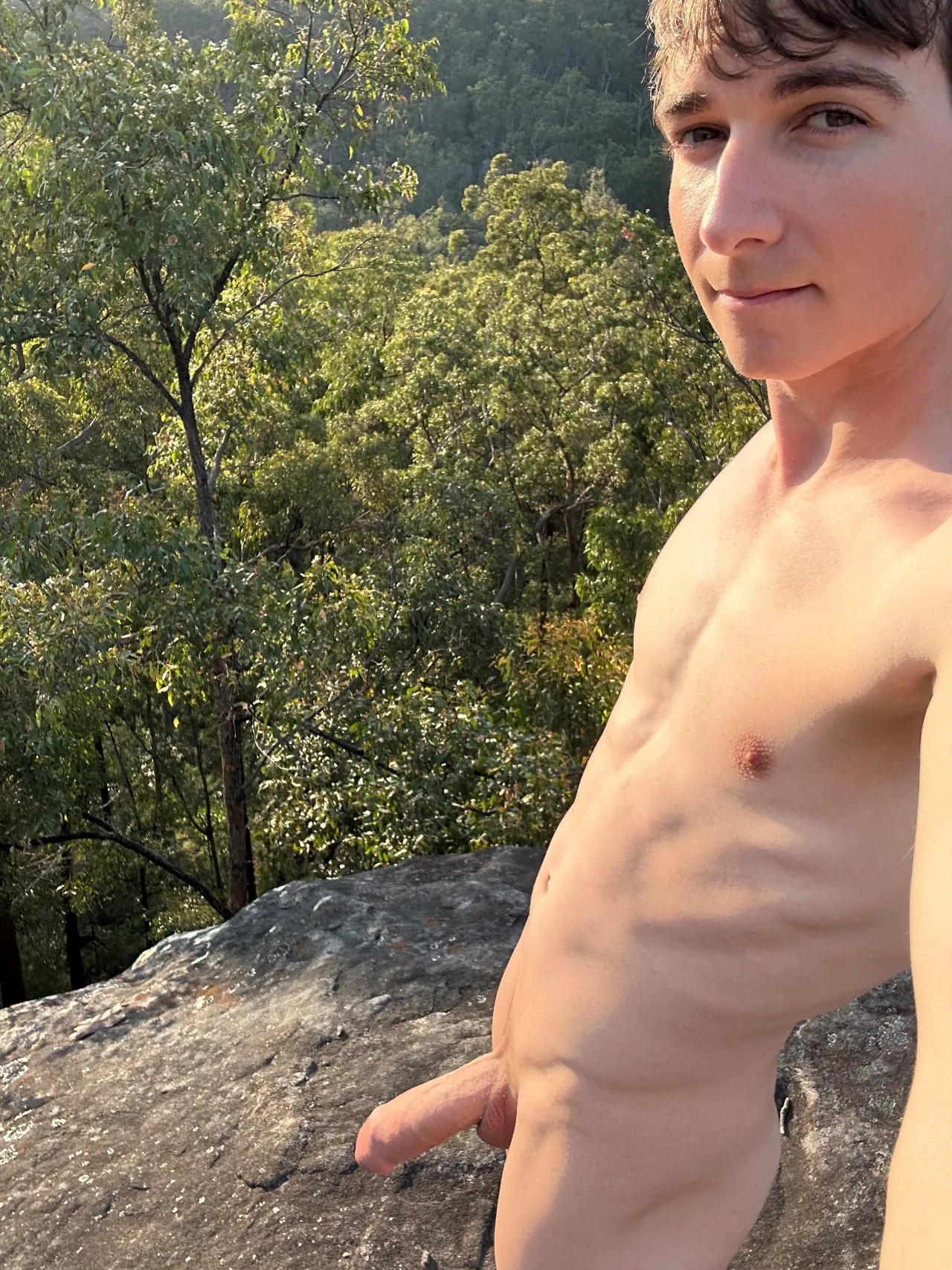 Hard cocked lad posing nude on a rocky outcrop with forest behind