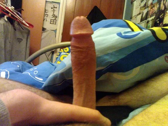 Hard cock selfie in messy bedroom, amateur guy showing off his thick erection