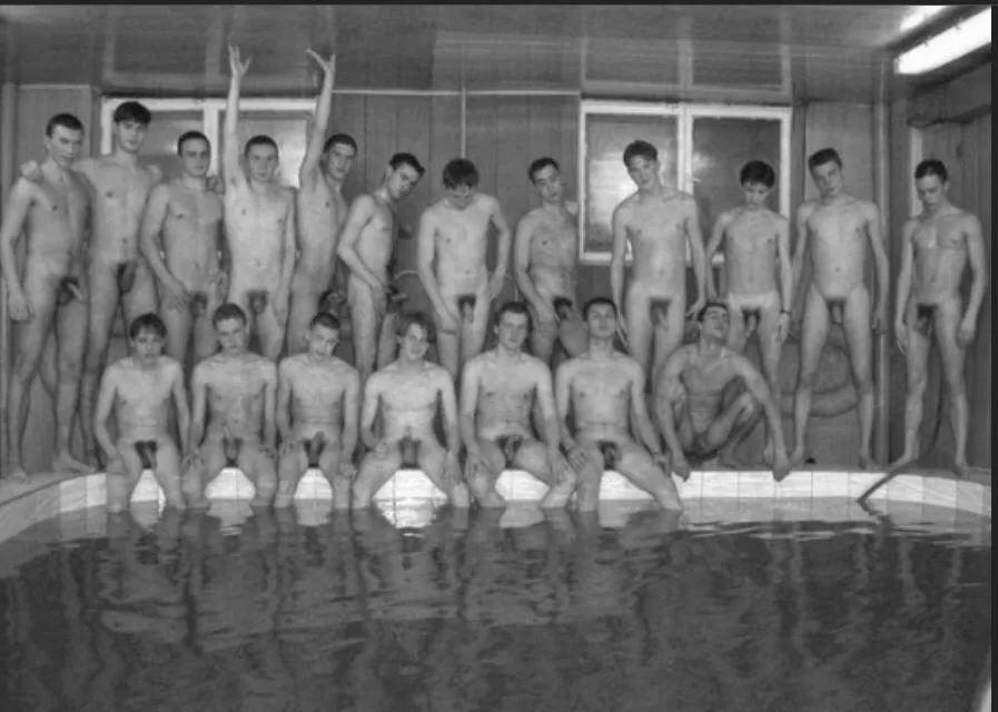Full frontal lads posing nude by the pool, cock and balls on display for the camera